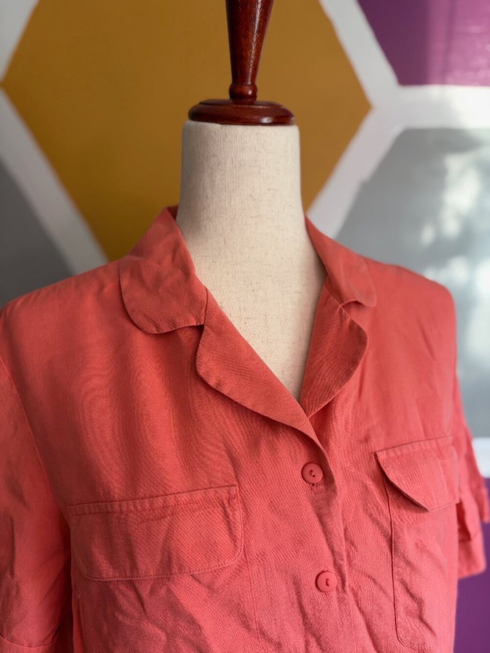 Anna & Frank 100% Silk Button Front Blouse Coral Pink Short Sleeve Size M
